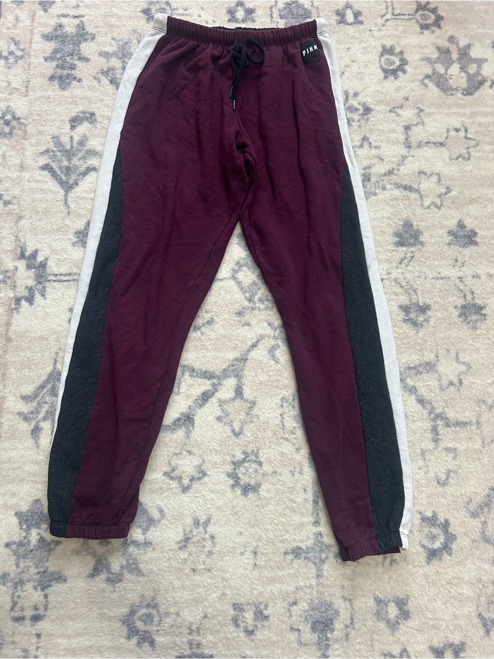 PINK Victoria's Secret Maroon Jogger Pants with Black & Gray Side Panels